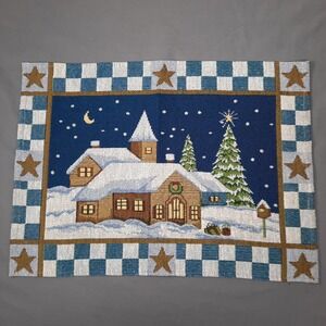 4 Christmas Tapestry Placemats Church Winter Moon Stars Country Cottagecore 90s